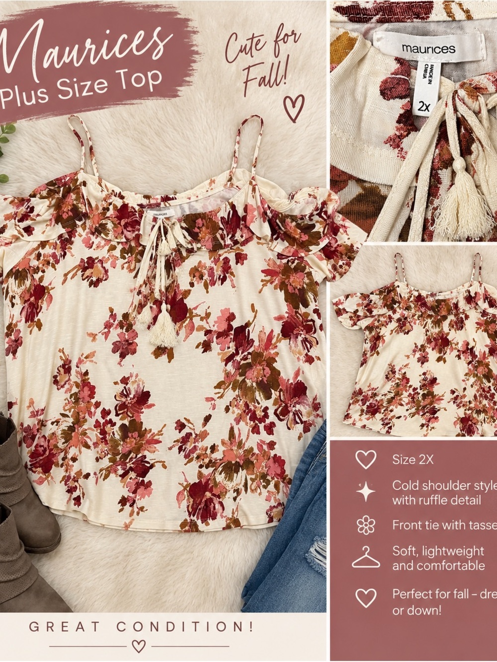 Maurices Cream Floral Cold-Shoulder Ruffle Top